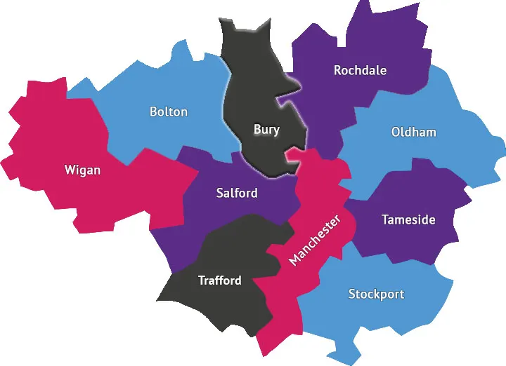 Map of the ten Greater Manchester boroughs, including Bury, served from our Salford base