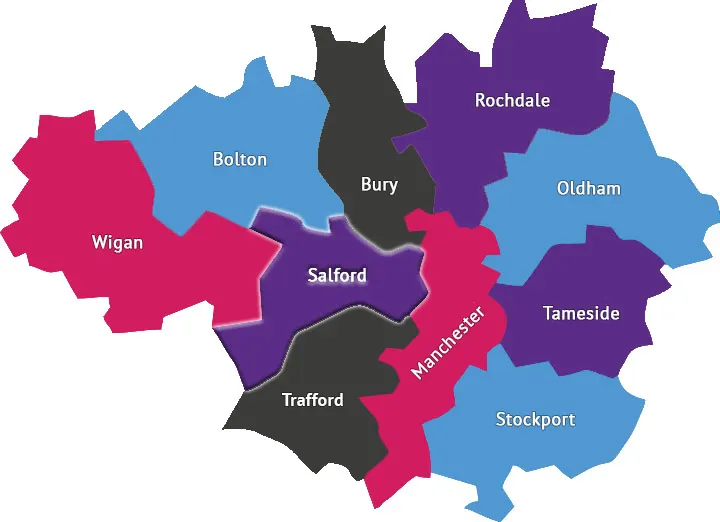 Map of the ten Greater Manchester boroughs, including Salford, served from our Salford base