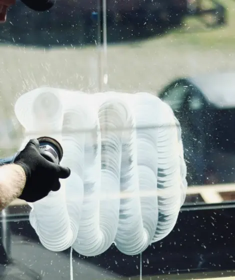 Gloved technician polishing a window pane with a rotary polisher